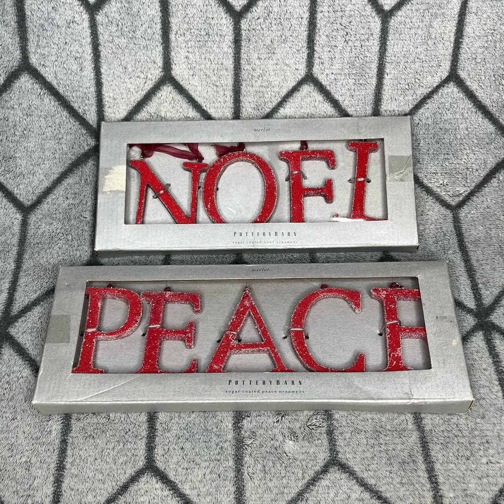 Pottery Barn Peace and Noel Sugar Coated Merlot Christmas Holiday Ornaments V